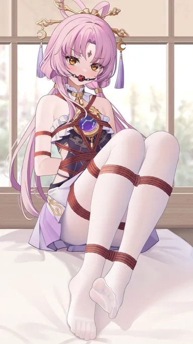 honkai: star rail, fu xuan (honkai: star rail), arms tied behind back, ball gag, blush, bondage, bound ankles, bound legs, gag, gagged, hair ornament, looking at viewer, pink hair, rope bondage, yellow eyes