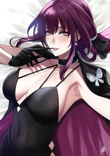 xtermination, honkai (series), honkai: star rail, kafka (honkai: star rail), armpits, big breasts, black choker, black dress, black gloves, breasts, choker, cleavage, collarbone, dress, eyewear on head, gloves, hair between eyes, huge breast, large breasts, long hair, looking at viewer, lying, massive breasts, on back, purple eyes, purple hair, solo, upper body, highres