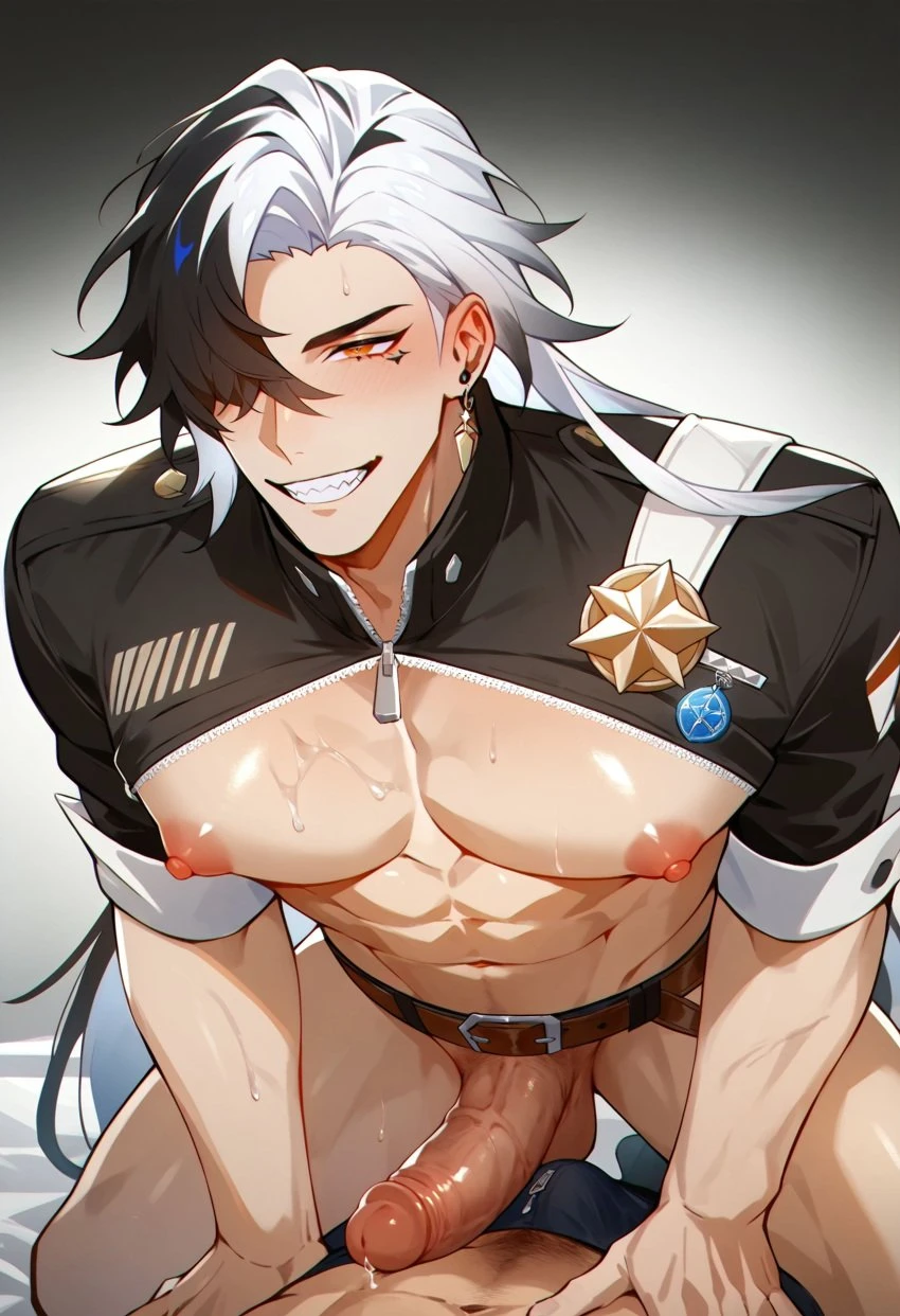 honkai: star rail, boothill (honkai: star rail), 2boys, abs, balls, bed, bodily fluids, bulge, bulge through clothing, frottage, gay, male, male focus, male only, male/male, muscles, muscular, muscular male, nipples, pecs, pectorals, penis, precum, testicles, yaoi, ai generated, tagme