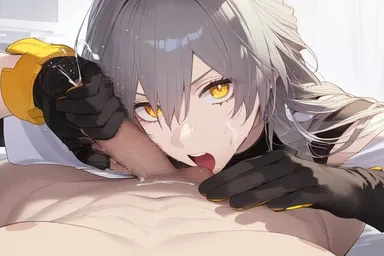 artist request, honkai: star rail, stelle (honkai: star rail), trailblazer (honkai: star rail), 1boy, 1girls, assertive female, balls, black gloves, cfnm, close up, clothed female nude male, clothing, cum, cumshot, ejaculation, erect penis, eyebrows, faceless male, female, femdom, gloved handjob, gloves, hand on stomach, handjob, handjob with gloves, human, large penis, light-skinned female, long hair, looking at viewer, male, male pov, open mouth, partial male, penis, penis grab, pov, semen, silver hair, straight, testicles, yellow eyes, ai generated, censored, censored penis, japanese text, mosaic censoring, simple background, white background