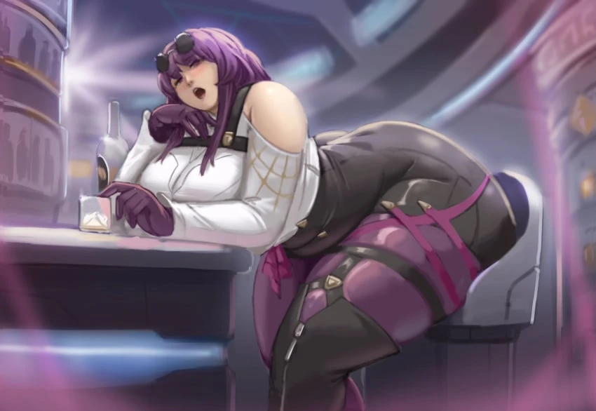 alterxsu, honkai: star rail, kafka (honkai: star rail), 1girls, ass, big ass, blush, bottom heavy, clothed, drunk, female, glasses, glasses on head, looking at viewer, purple eyes, purple hair, sitting, stool, thick thighs