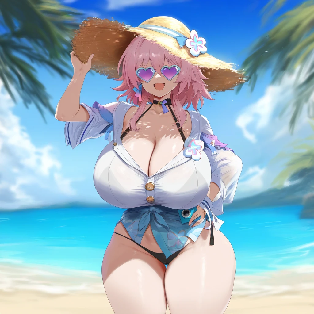 ameanon, honkai: star rail, mihoyo, march 7th (honkai: star rail), beach, big breasts, bikini bottom, bikini under clothes, black bikini, bra visible through clothes, breasts, cleavage, huge breasts, large breasts, pink hair, straw hat, sunglasses, thick thighs, tinted eyewear, ai generated