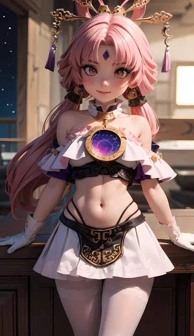 cortezian generations, honkai (series), honkai: star rail, patreon, fu xuan (honkai: star rail), 1girls, bare midriff, bare shoulders, blush, crop top, cross-eyed, female, forehead jewel, gloves, gold eyes, hair ornament, hairbow, leash, long hair, low twintails, night sky, petite, pink hair, skirt, small breasts, smile, solo, stars, stockings, tassel, thick thighs, thighs, twintails, young, ai generated, hi res