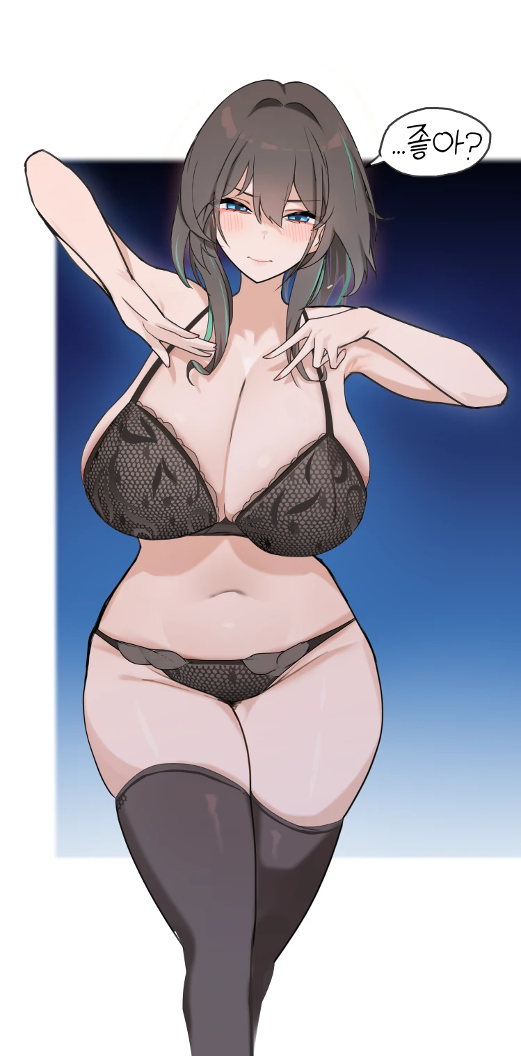 honkai (series), honkai: star rail, ruan mei (honkai: star rail), 1girls, belly, black hair, black legwear, black panties, blue eyes, blush, bra, breasts, cute face, large breasts, lips, midriff, thighhighs, thighs, underwear, underwear only, wide hips, highres, speech bubble