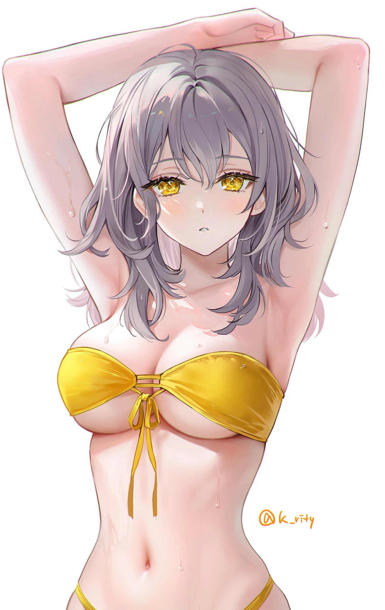 honkai: star rail, stelle (honkai: star rail), armpits, arms up, bikini, large breasts, skindentation, waist up, wet skin, white background, signature, twitter username