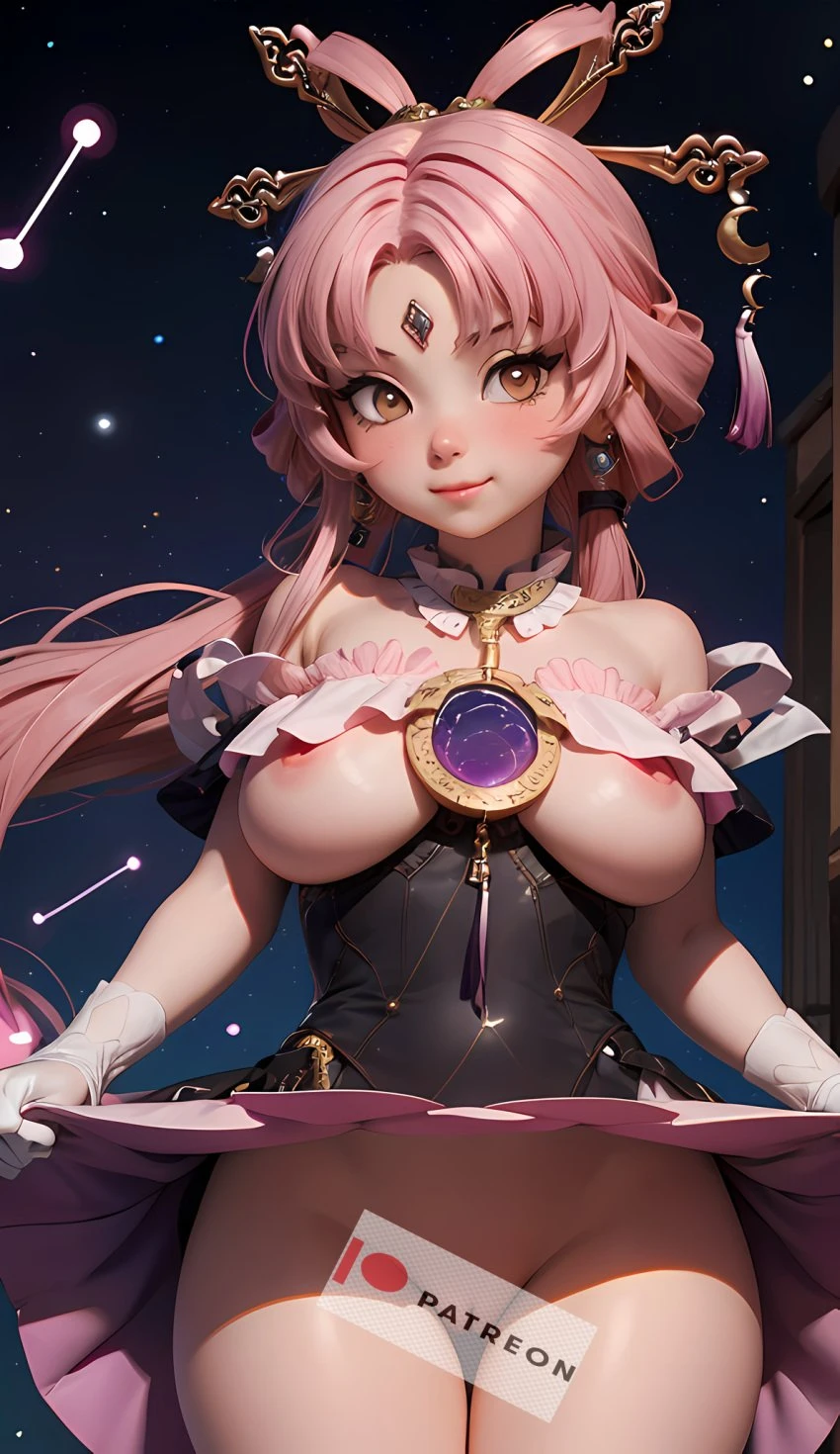 cortezian generations, honkai (series), honkai: star rail, patreon, fu xuan (honkai: star rail), 1girls, big breasts, blush, constellation, dress, female, forehead jewel, gloves, gold eyes, hair ornament, hairbow, lifted by self, lifted dress, long hair, low twintails, night sky, nipples, pink hair, smile, solo, stars, tassel, thick thighs, thighs, twintails, underboob, young, ai generated, censored, censored pussy, hi res, uncensored version available