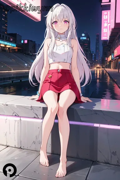 pikkiwynn, honkai (series), honkai: star rail, clara (honkai: star rail), bare arms, bare legs, bare shoulders, barefoot, breasts, closed mouth, crop top, feet, female, full body, long hair, looking at viewer, midriff, miniskirt, navel, night, outdoors, pink eyes, red skirt, shirt, sitting, skirt, sleeveless, sleeveless shirt, solo, toes, white hair, white shirt, ai generated