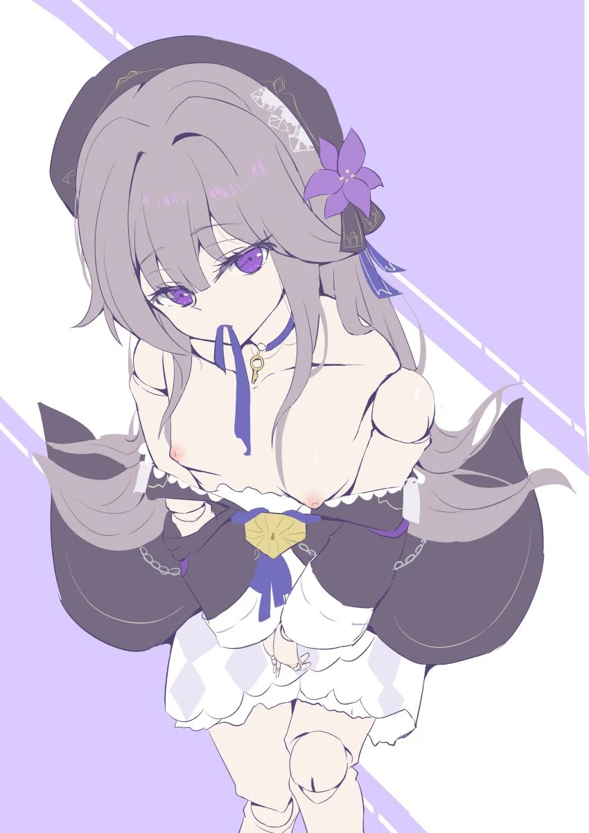 honkai (series), honkai: star rail, herta (honkai: star rail), bare shoulders, beret, black headwear, breasts, brown hair, doll joints, dress, female, flower, full body, hat, joints, long hair, looking at viewer, purple eyes, simple background, small breasts, solo, user gakd5445, absurdres, highres