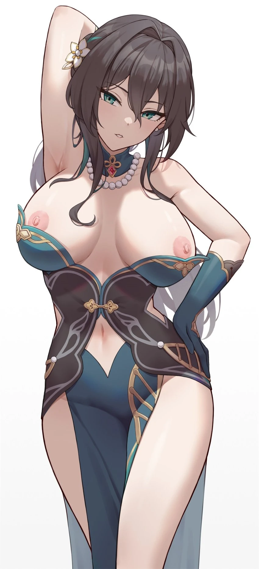 honkai: star rail, ruan mei (honkai: star rail), 1girls, arm behind head, arm on hip, armpits, breasts apart, exposed breasts, female, female focus, female only, huge breasts, large breasts, looking aside, posing, seductive, thick thighs, wide hips