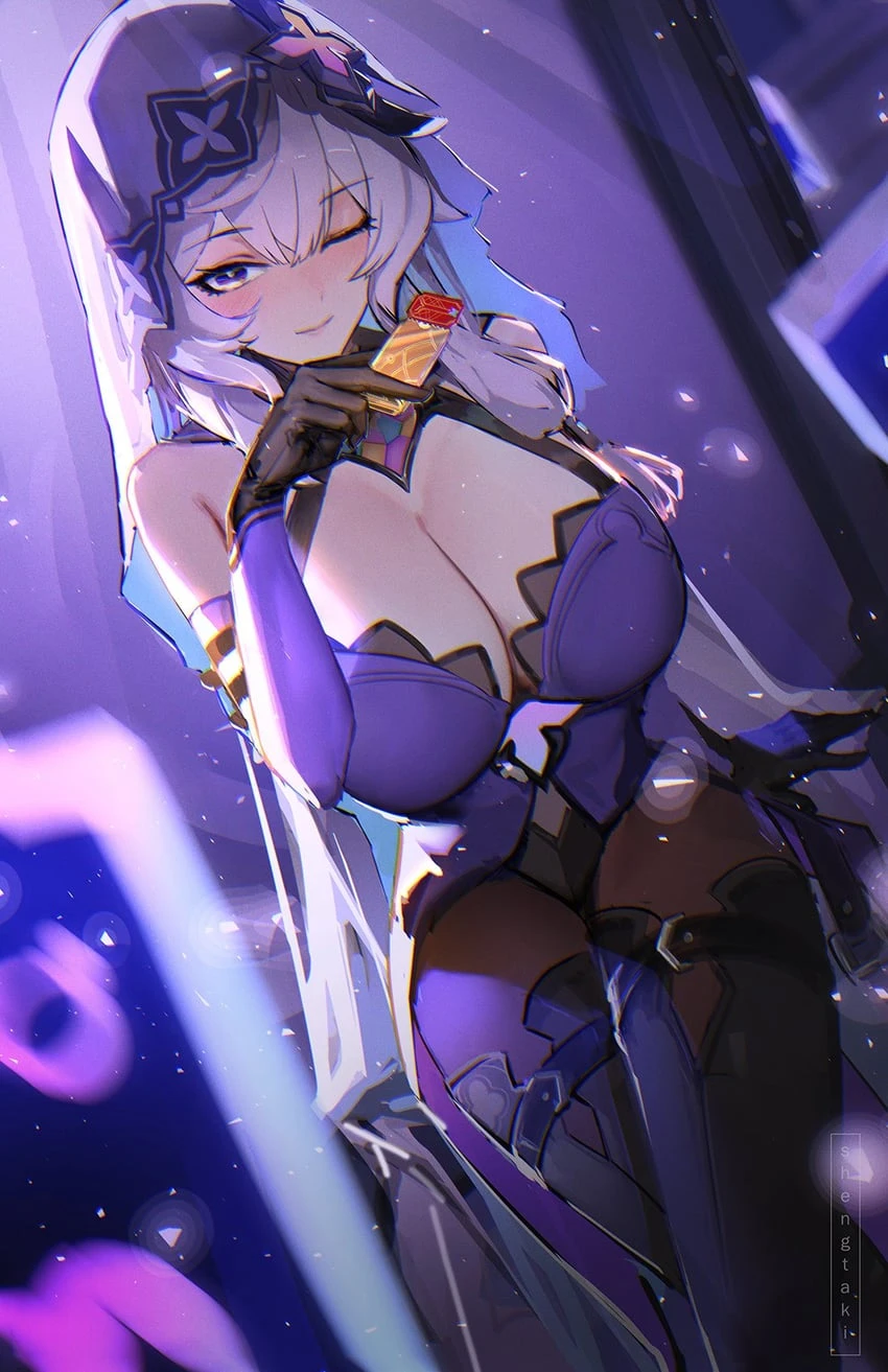 honkai: star rail, black swan (honkai: star rail), blush, cleavage, elbow gloves, female, gloves, one eye closed, pantyhose, wink, tagme