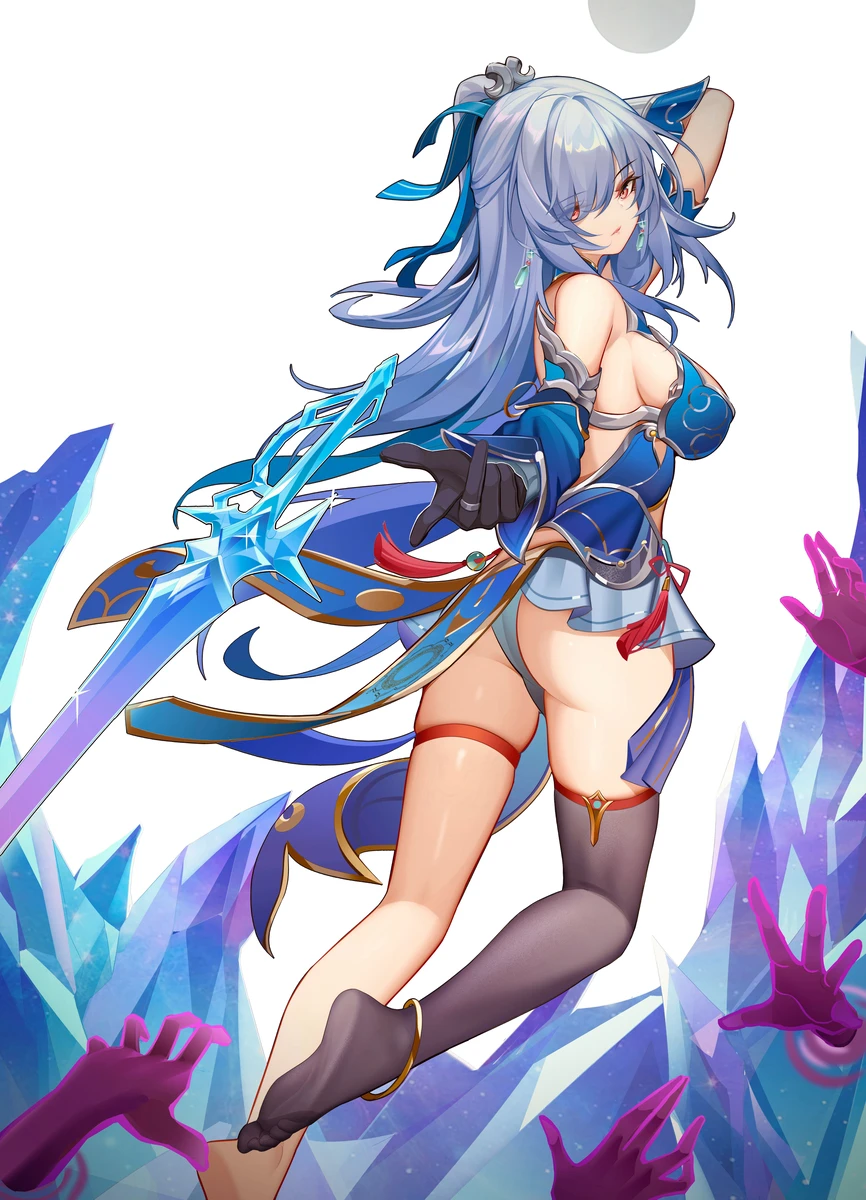 luai, honkai (series), honkai: star rail, jingliu (honkai: star rail), 1girls, anklet, arms, ass, back, back view, bare shoulders, barefoot, blue hair, breasts, closed mouth, clothed, clothing, covered breasts, covered nipples, detached sleeves, disembodied hand, earrings, feet, female, female focus, female only, fingers, floating, fully clothed, gloves, hair, hands, hips, ice, legs, legs apart, legwear, long hair, looking back, moon, open eyes, orange eyes, panties, reaching out, short skirt, shoulders, skirt, soles, stockings, sword, thighs, toes, upskirt, waist, 2d, 2d (artwork), alternate version available, digital drawing (artwork), image, no background