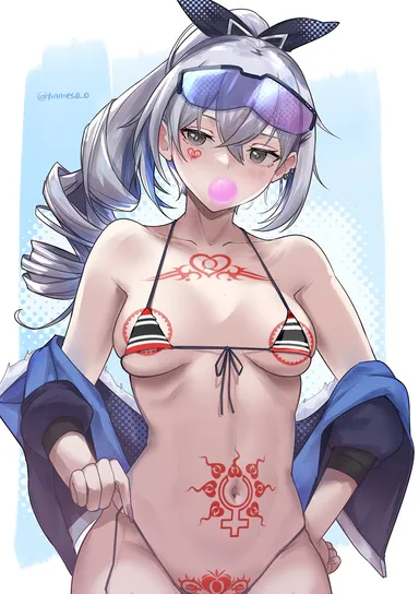 honkai: star rail, silver wolf (honkai: star rail), bubble gum, eyewear on head, micro bikini, queen of hearts, small breasts, sunglasses on head, taking off panties, edit, signature, third-party edit