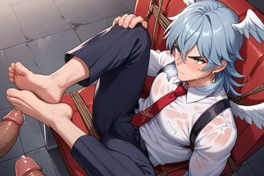 honkai: star rail, sunday (honkai: star rail), angry face, angry sex, bara, bara tits, blue hair, blush, domination, feet focus, feet together, footjob, gay, gay domination, gay sex, gold eyes, horny male, male focus, male only, red rope, spread legs, sweaty breasts, tied arms, tight clothing, wings, wings on head, yaoi, ai generated