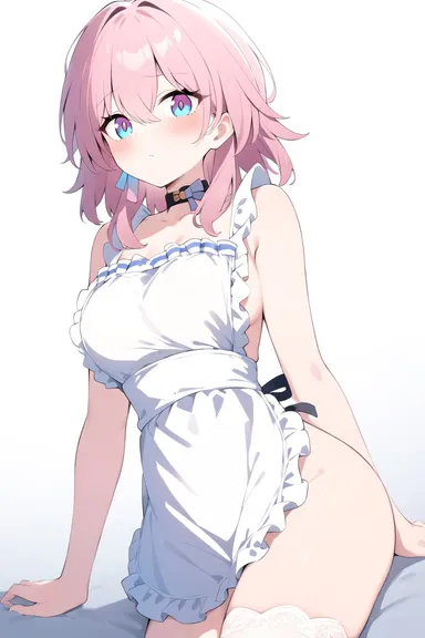 honkai (series), honkai: star rail, hoyoverse, march 7th (honkai: star rail), 1female, 1girls, apron, blush, blush lines, blushing at viewer, breasts, female, female only, hand behind back, looking at viewer, maid, medium breasts, multicolored eyes, normal breasts, pink hair, short hair, sitting, solo, solo female, commentary request, hi res, highres, sfw, tagme