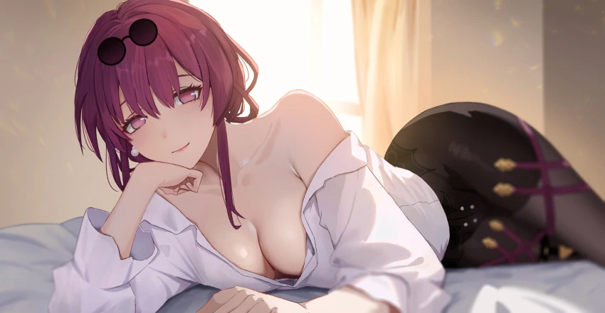 clisapex, honkai (series), honkai: star rail, kafka (honkai: star rail), 1girls, bare shoulders, bedroom, light skin, long hair, looking at viewer, lying, no bra, purple hair, smile, solo, sunglasses on head, 2023, hi res