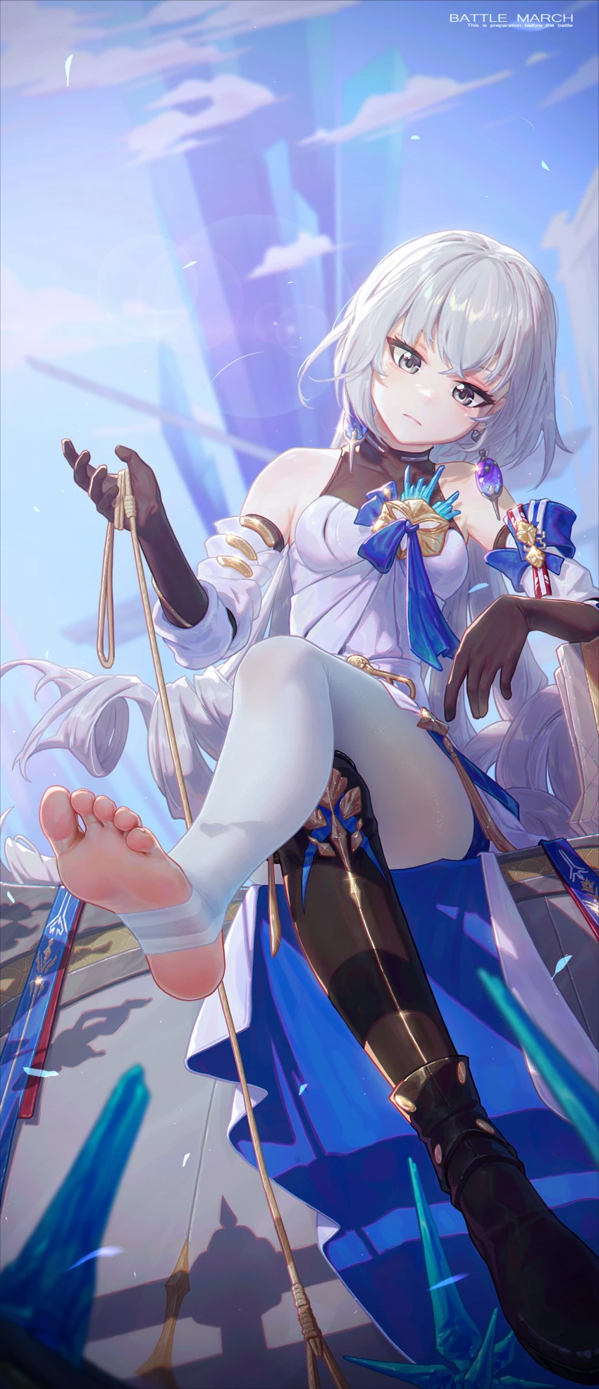 icecake, honkai (series), honkai: star rail, bronya zaychik, 1girls, feet, female, female only, foot fetish, foot focus, long hair, looking at viewer, sitting, small breasts, soles, soles of feet in socks, solo, solo female, stirrup legwear, thick thighs, thighs, toes, 2d, 2d (artwork), alternate version available, digital media (artwork), hi res, highres