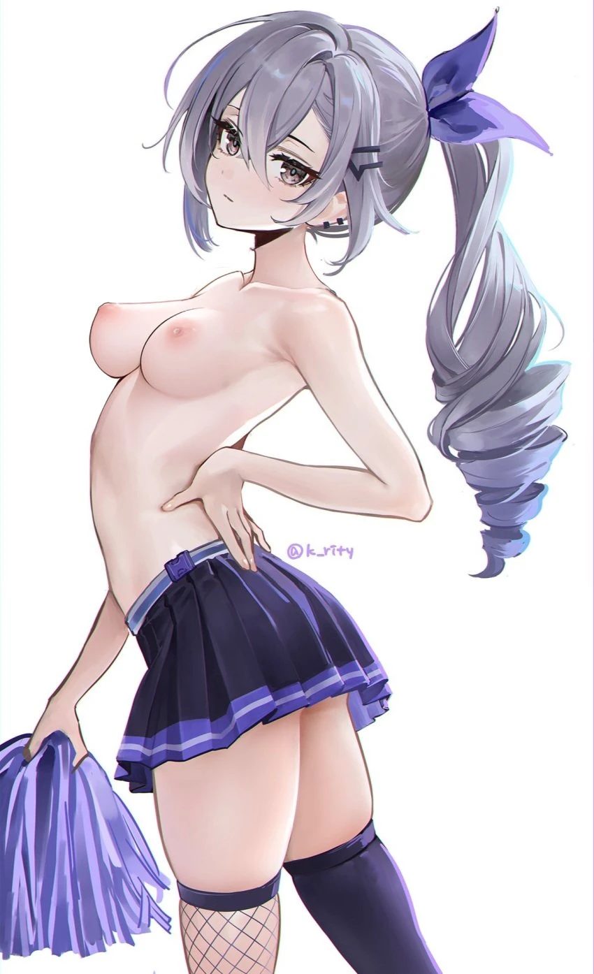 rity, honkai: star rail, silver wolf (honkai: star rail), 1girls, armpits, ass, breasts, cheerleader, exposed breasts, fishnets, hair, hair ribbon, long hair, nipples, pom poms, ponytail, skirt, small breasts, solo, sports bra, thighhighs, tits, topless, video game, highres, md5 mismatch, tagme