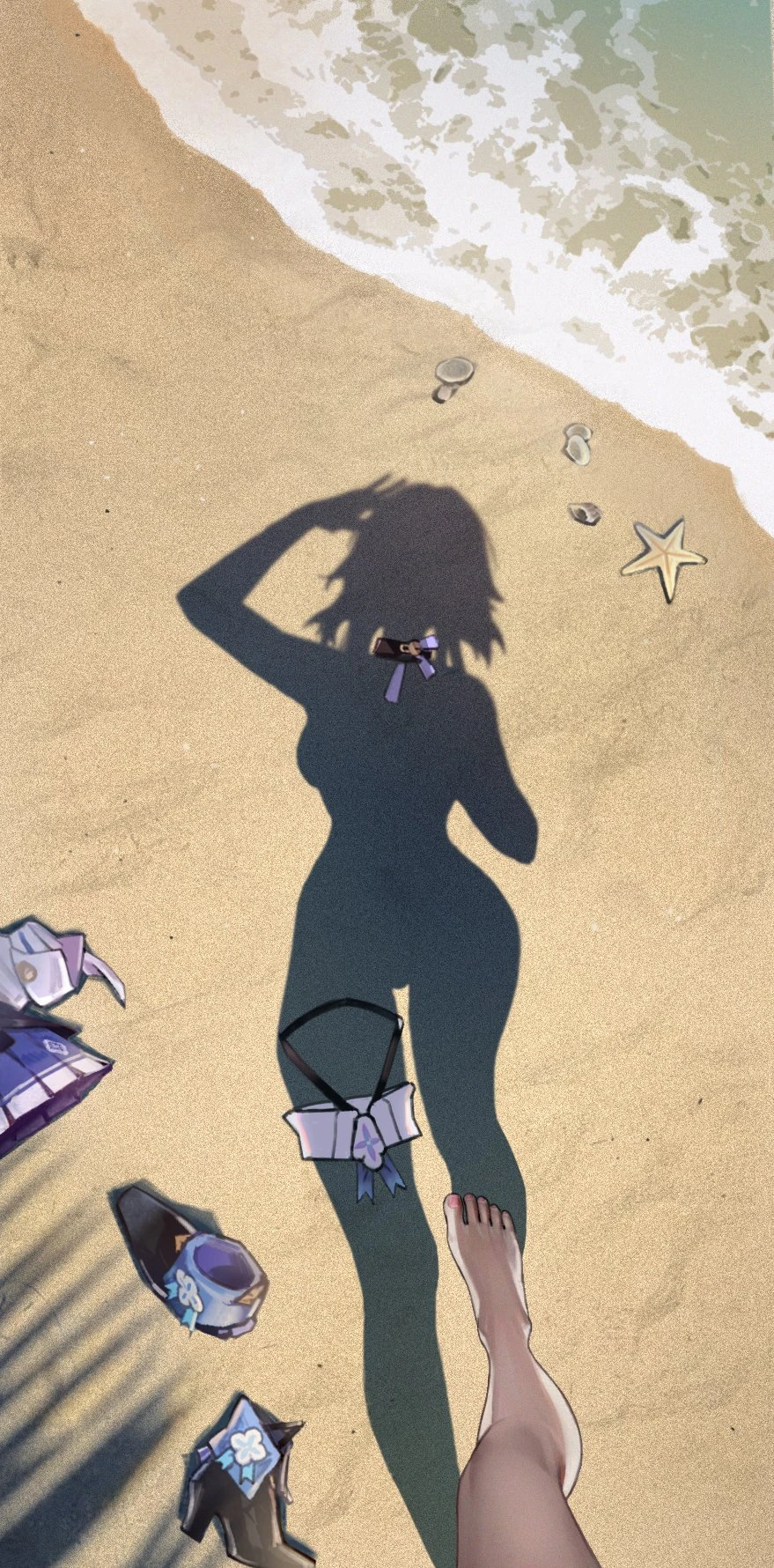 myth1c, myth1carts, honkai (series), honkai: star rail, march 7th (honkai: star rail), 1girls, barefoot, beach, beach shadow trend, clothing, clothing removed, feet, female, implied nudity, removed clothing, scattered clothing, shadow, tease, tagme