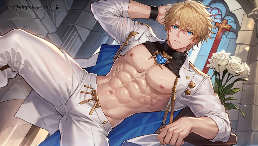 methylated dog, honkai (series), honkai: star rail, gepard (honkai: star rail), 1boy, abs, balls, bara, big balls, big penis, blonde hair, blue eyes, blush, cum, erection, gay, gay male, large pectorals, male, male focus, male nipples, male only, male pubic hair, muscle, muscular, muscular male, nude, pecs, pectorals, penis, solo, solo male, testicles, ai generated, censored