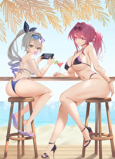 zzo (chorizzzzo), honkai (series), honkai: star rail, kafka (honkai: star rail), silver wolf (honkai: star rail), 2girls, ass, bikini, blue nails, blue sky, blue toenails, bracelet, breasts, bubble, cellphone, chewing gum, cocktail glass, cup, day, drinking glass, eyewear on head, grey eyes, grey hair, holding, holding phone, jewelry, large breasts, medium breasts, multiple girls, nail polish, painted nails, painted toenails, phone, ponytail, purple eyes, purple hair, red nails, red toenails, rhythm games, sandals, sitting, sky, smartphone, stool, swimsuit, toenail polish, absurdres, highres