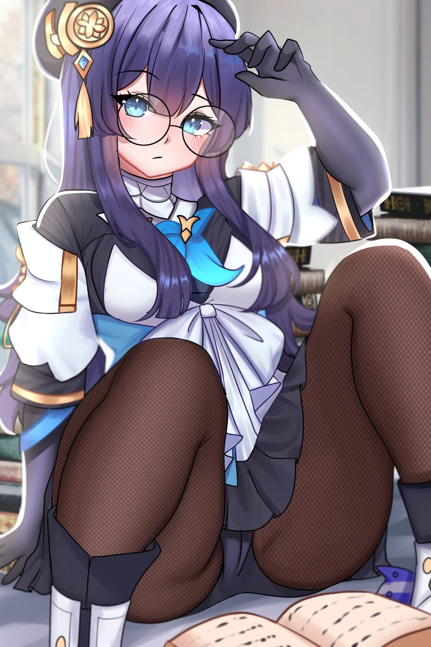 harumitsu, honkai (series), honkai: star rail, pela (honkai: star rail), blue eyes, blue hair, book, cameltoe, glasses, gloves, large thighs, legs apart, long hair, pantyhose, sitting, thick thighs, wide hips