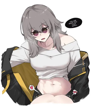 honkai (series), honkai: star rail, kafka (honkai: star rail), stelle (honkai: star rail), 2girls, accessory swap, black jacket, blush, breasts, collarbone, gloves, grey hair, heart, implied futanari, jacket, long hair, medium breasts, medium hair, multiple girls, navel, open mouth, purple-tinted eyewear, shirt, simple background, spoken heart, sunglasses, tinted eyewear, white background, white shirt, yellow eyes, yellow trim, yuri, zovokia, commentary, english commentary, english text, highres, speech bubble