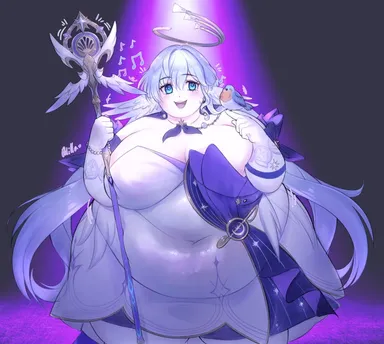 honkai: star rail, hoyoverse, mihoyo, robin (honkai: star rail), 1girls, bbw, belly, belly overhang, big belly, bird, bird girl, blue hair, fat, large breasts, obese, obese female, polillalunatica, smile, weight gain