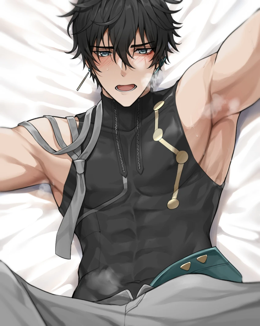 asaifrit, honkai: star rail, dan heng, 1boy, armpits, arms up, black hair, clothed, earrings, in heat, looking at viewer, muscular, visible abs, visible breath, visible nipples, yaoi