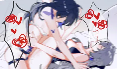 mie xing, honkai (series), honkai: star rail, bronya rand, seele (honkai: star rail), 2girls, ahoge, alternate costume, arm support, belt, blue hair, blurry, blush, bottomless, bra, breasts, butterfly tattoo, closed mouth, couple, cowgirl position, dildo, earrings, grey hair, hand on another's stomach, jewelry, legs up, long hair, lying, medium breasts, missionary, multiple girls, nipples, on back, on bed, one breast out, open mouth, pussy, sex, sex toy, simple background, sleeveless, strap-on, tattoo, underwear, vaginal penetration, white bra, yuri, absurdres, censored, chinese commentary, highres