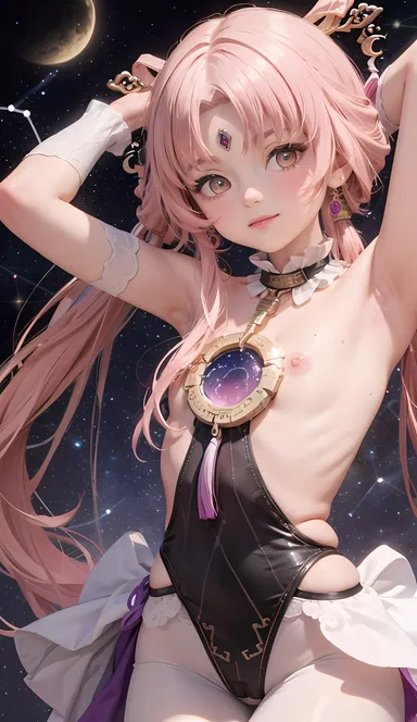 cortezian generations, honkai (series), honkai: star rail, patreon, fu xuan (honkai: star rail), 1girls, armpits, bare breasts, bare shoulders, blush, cameltoe, constellation, dress, female, flat chest, forehead jewel, gloves, gold eyes, hair ornament, hairbow, leash, long hair, low twintails, night sky, nipples, petite, pink hair, small breasts, solo, stars, stockings, tassel, thick thighs, thighs, twintails, ai generated, hi res