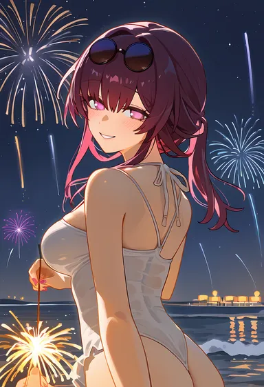 límíng zhī xià, honkai: star rail, hoyoverse, pixiv, kafka (honkai: star rail), ass, back view, big ass, big breasts, blush, fireworks, juicy butt, long hair, looking at viewer, one-piece swimsuit, purple eyes, purple hair, sideboob, slim waist, smiling, smiling at viewer, swimsuit, tied hair, ai generated