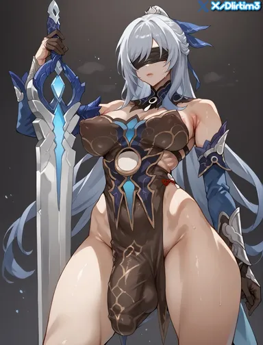 dlirtim (artist), honkai: star rail, jingliu (honkai: star rail), blindfold, bulge, bulge through clothing, futanari, holding sword, sweat, sword, white hair, ai generated