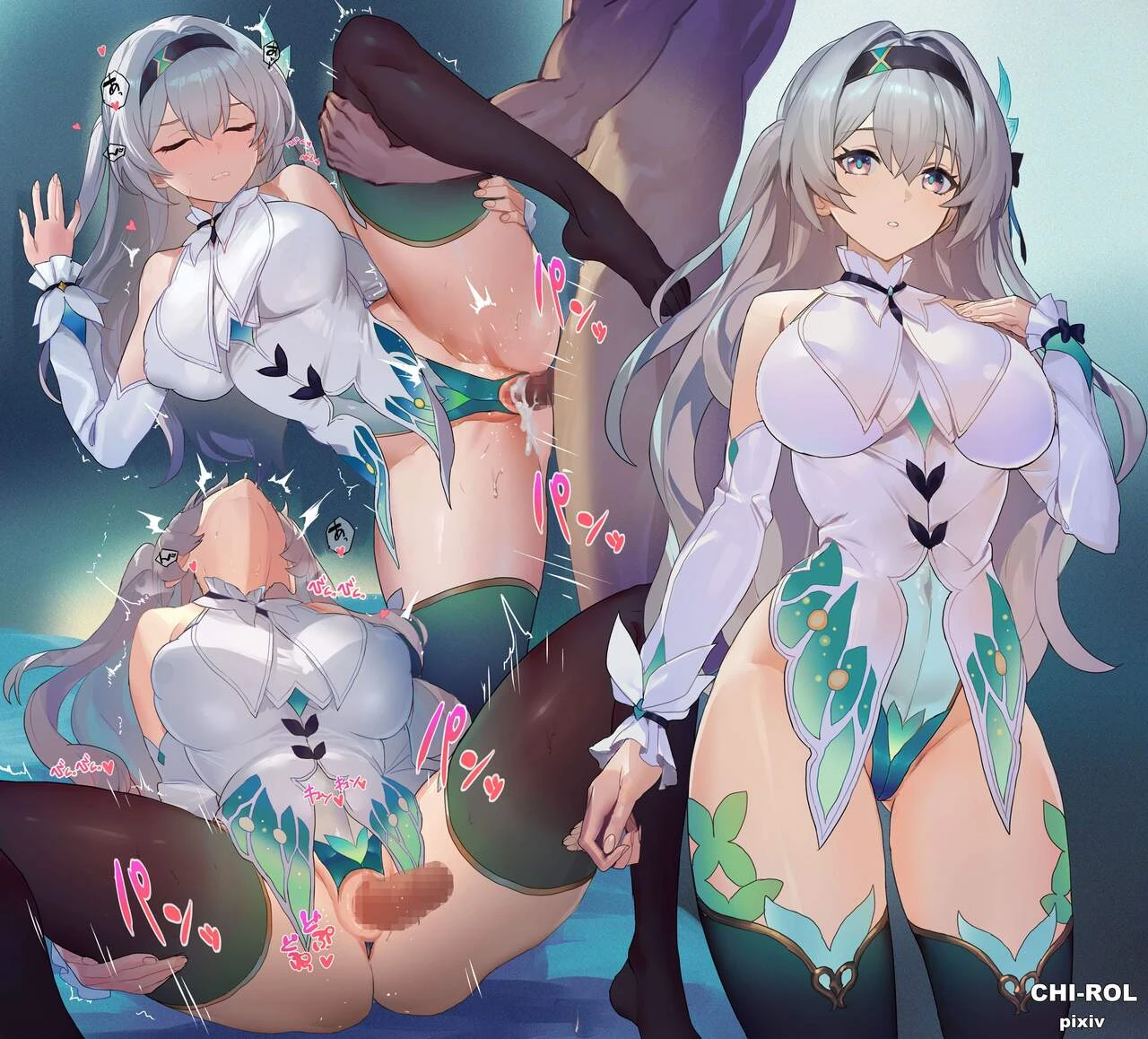 chi-rol, honkai (series), honkai: star rail, firefly (honkai: star rail), 1boy, 1girls, blue pupils, cum, cum in pussy, eyes closed, grey hair, head tilted back, heart, holding legs, long hair, penetration, penis in pussy, tagme