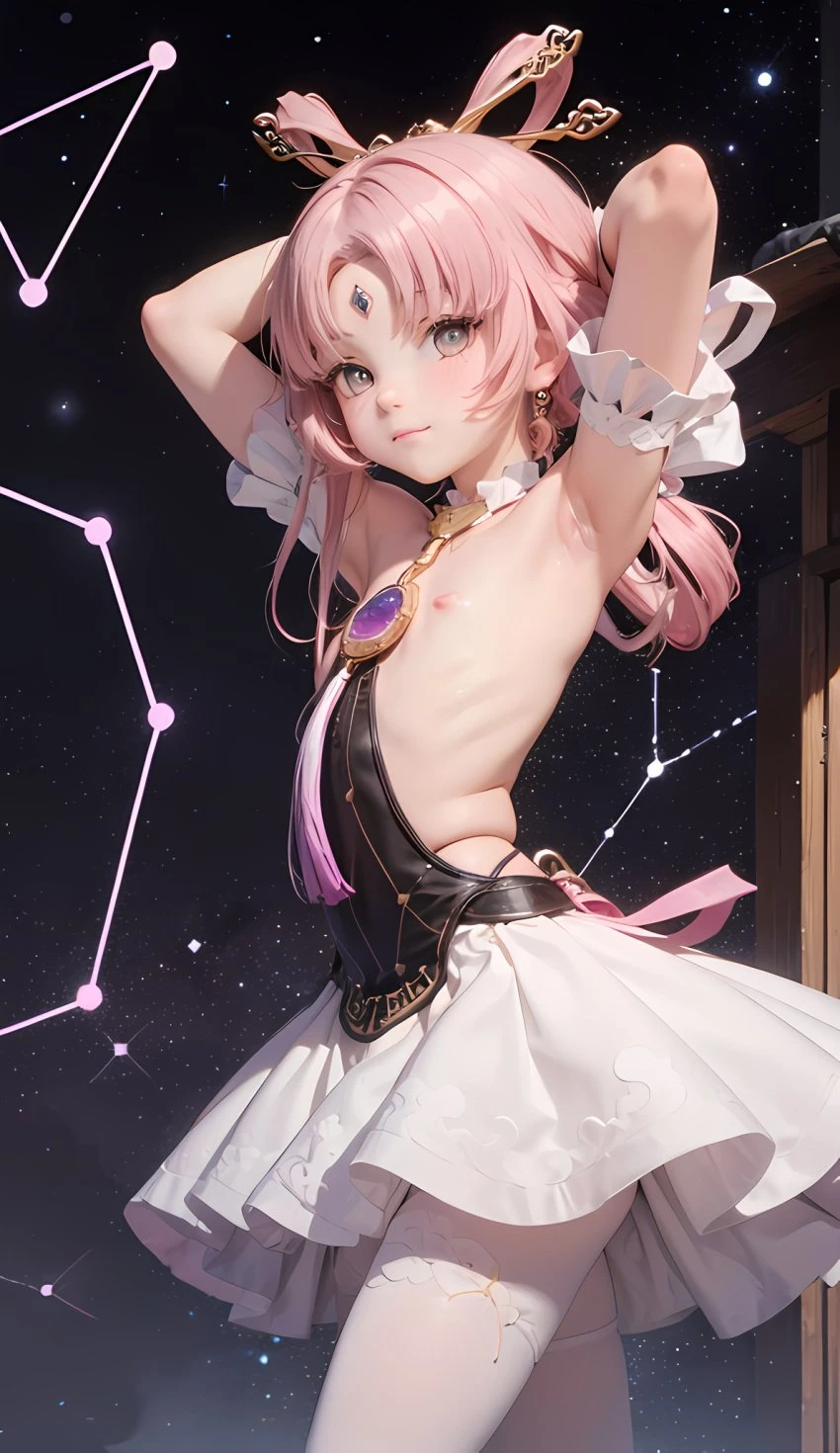 cortezian generations, honkai (series), honkai: star rail, patreon, fu xuan (honkai: star rail), 1girls, armpits, bare breasts, bare shoulders, blush, constellation, dress, female, flat chest, forehead jewel, gloves, gold eyes, hair ornament, hairbow, leash, long hair, low twintails, night sky, nipples, petite, pink hair, small breasts, solo, stars, stockings, tassel, thick thighs, thighs, twintails, ai generated, hi res