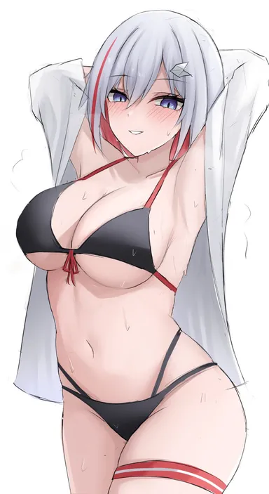 honkai: star rail, topaz (honkai: star rail), arms behind head, arms up, bikini, collared shirt, half-closed eyes, large breasts, large thighs, parted lips, smile, sweat, sweaty, sweaty body, thick thighs, thigh strap, very sweaty, wide hips