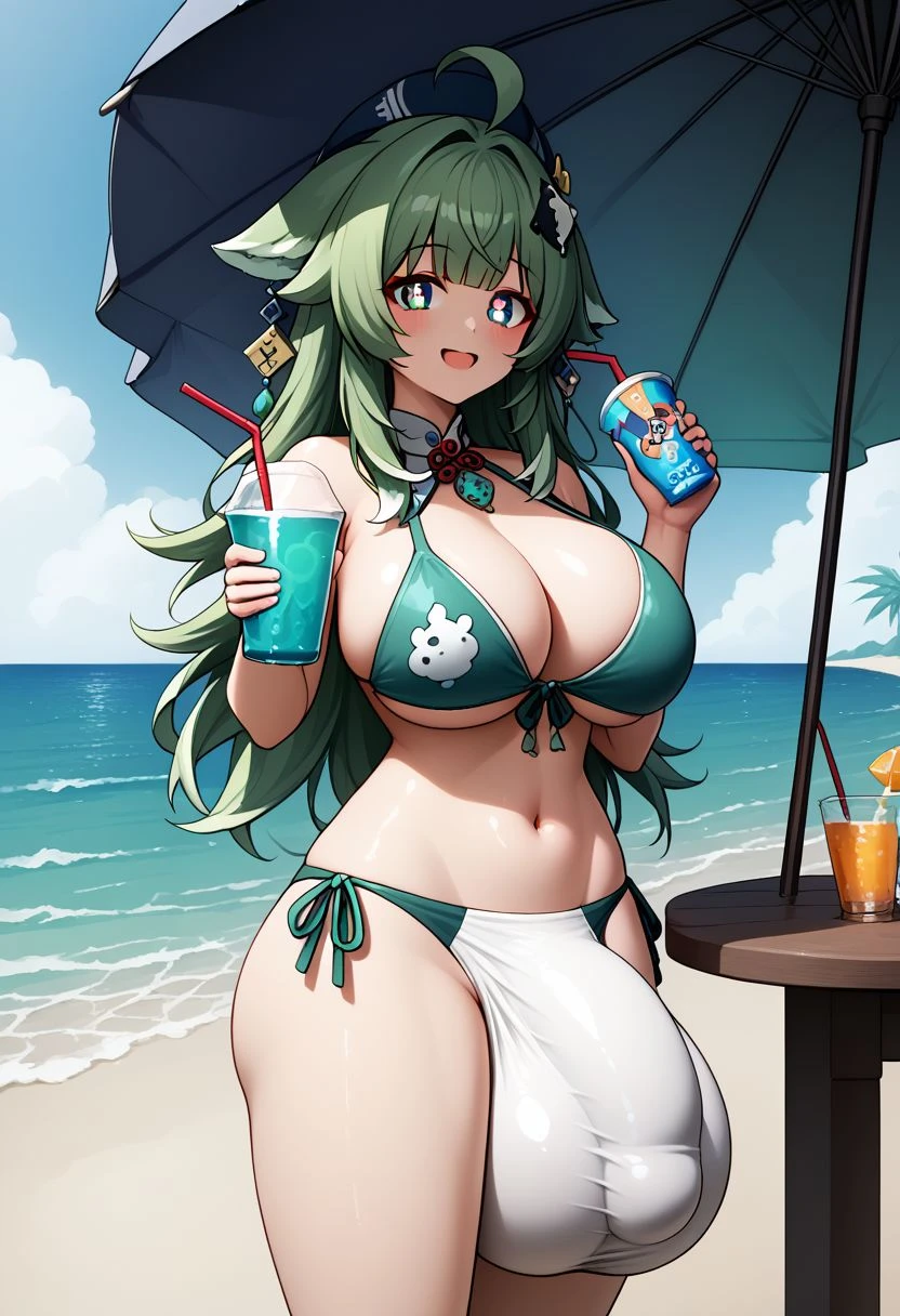 honkai: star rail, huohuo (honkai: star rail), beach, big balls, big breasts, big penis, bikini, clothed, drinks, flaccid, full-package futanari, futa only, futanari, happy, huge balls, huge breasts, looking at viewer, ai generated, civitai, uncensored