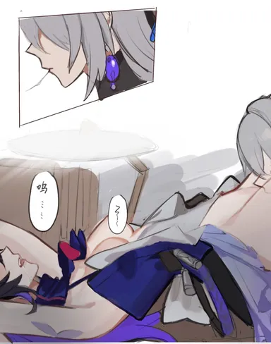 mie xing, honkai (series), honkai: star rail, bronya rand, seele (honkai: star rail), 2girls, arms up, blue scarf, breasts, breasts out, butterfly tattoo, couple, cunnilingus, earrings, grey hair, jewelry, lying, multiple girls, no eyes, on back, open mouth, oral, saliva, saliva trail, scarf, tattoo, teeth, upper teeth only, yuri, absurdres, chinese commentary, chinese text, highres, speech bubble