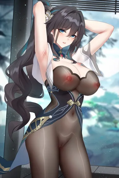 wu ganlan cai, honkai (series), honkai: star rail, ruan mei (honkai: star rail), alternate hairstyle, aqua dress, armpits, arms up, black bodysuit, black hair, blush, bodysuit, covered nipples, cowboy shot, dress, earrings, female, hair between eyes, hair intakes, jewelry, long hair, looking at viewer, multicolored hair, parted lips, ponytail, pussy, see-through, see-through bodysuit, solo, standing, streaked hair, very long hair, absurdres, commentary request, highres, partial commentary