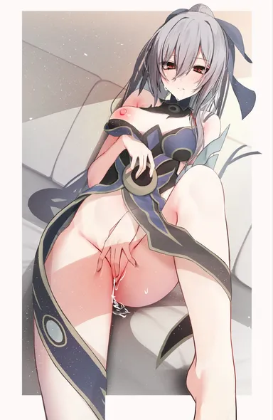 sajin (user pvrm4582), honkai (series), honkai: star rail, jingliu (honkai: star rail), bare shoulders, blue dress, blush, breasts, closed mouth, dress, female, female masturbation, fingering, grey hair, hair between eyes, high ponytail, long hair, looking at viewer, masturbation, medium breasts, nipples, one breast out, outside border, pussy juice, red eyes, saliva, sitting, solo, strapless, strapless dress, sweat, absurdres, border, dated commentary, highres, white border