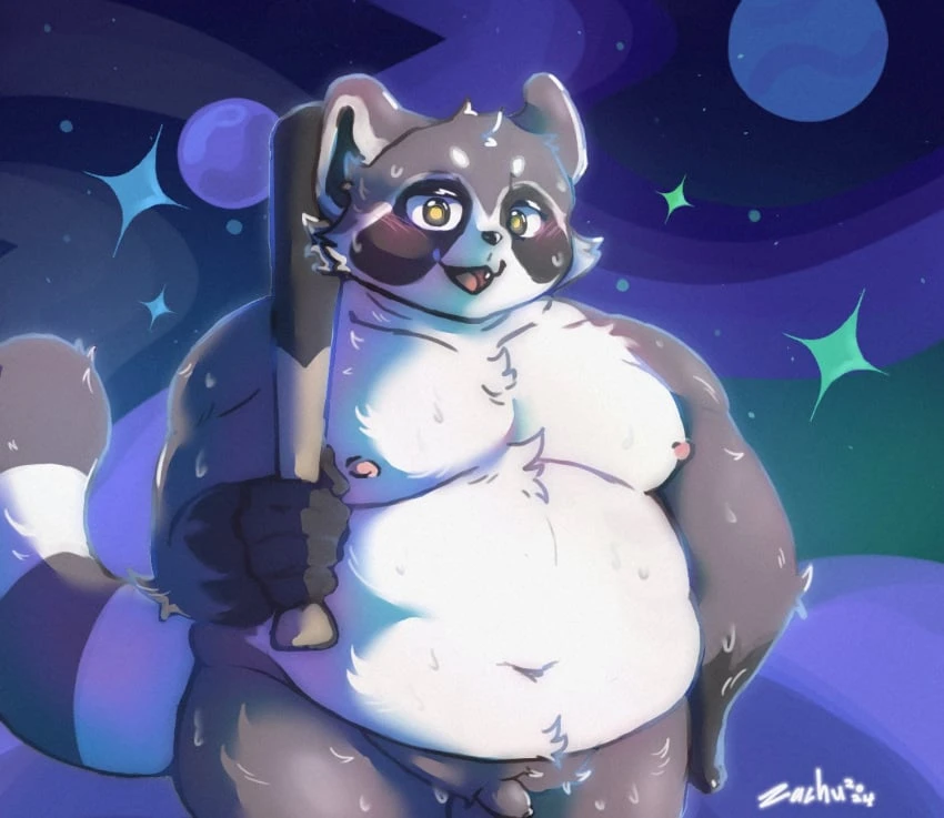 honkai: star rail, mihoyo, galactic baseballer (honkai: star rail), anthro, balls, baseball bat, bat (object), belly, big belly, black nose, blush, bodily fluids, flaccid, genitals, grey body, hybrid, kemono, male, mammal, moobs, navel, nipples, open mouth, overweight, overweight male, penis, procyonid, raccoon, small penis, solo, space, sweat, white body, zardacian, 2024, hi res