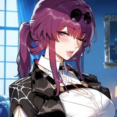 creamy ai, honkai: star rail, kafka (honkai: star rail), cleavage cutout, curvy, jacket, large breasts, one eye closed, purple eyes, purple hair, saliva, shirt, tongue out, upper body, white shirt, ai generated