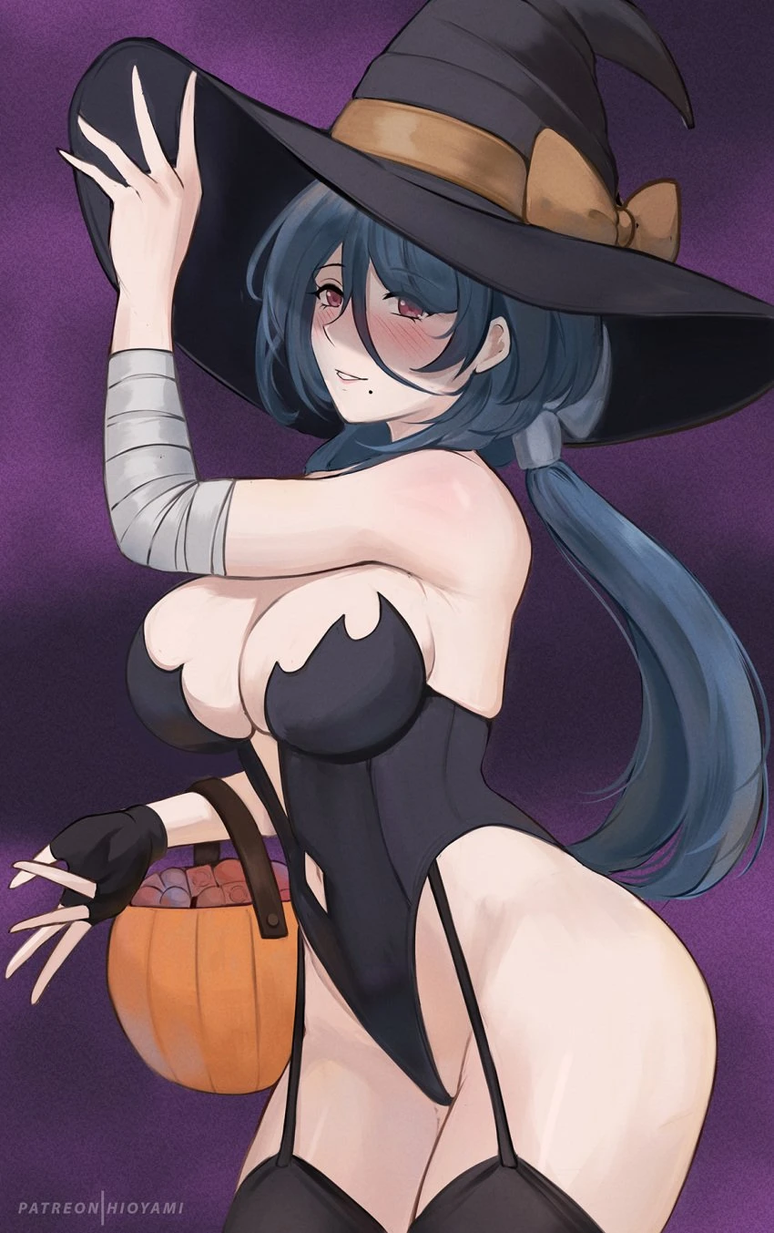 hioyami, halloween, honkai: star rail, natasha (honkai: star rail), 1girls, armwear, big breasts, black leotard, black thighhighs, blush, breasts, dark blue hair, female, female only, garter straps, hair, halloween costume, hat, headwear, hips, huge breasts, legwear, leotard, mole, mole under mouth, purple eyes, smile, solo, solo female, thick thighs, thighhighs, thighs, witch, witch hat