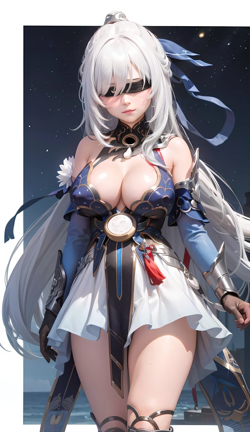 cortezian generations, honkai (series), honkai: star rail, hoyoverse, mihoyo, patreon, jingliu (honkai: star rail), 1girls, bare shoulders, big breasts, blindfold, boots, cleavage, clothing, dress, female, gloves, huge breasts, long hair, night sky, solo, stars, thick thighs, thighs, white hair, ai generated, hi res