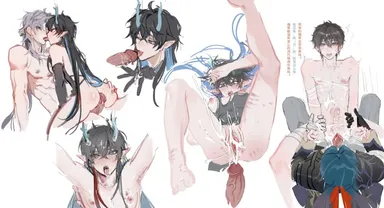 honkai (series), honkai: star rail, blade (honkai: star rail), dan feng, dan heng, ahegao, cuntboy, cuntboy penetrated, cuntboy/male, dragon horns, gay, gay sex, grinding on penis, heart-shaped pupils, intersex, licking penis, male only, male/male, yaoi