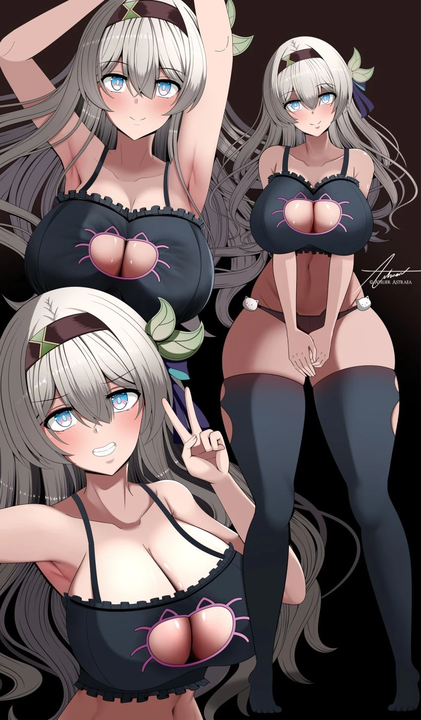 honkai: star rail, firefly (honkai: star rail), armpits, arms up, blush, cat lingerie, closed mouth, fully clothed, grin, large breasts, multiple views, reaching out, smile, thick thighs, thighs, v