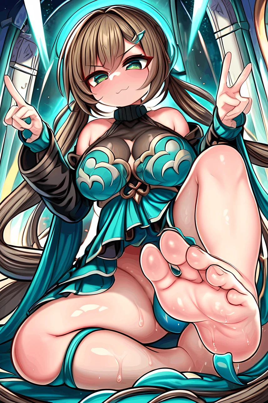 foopanthia, honkai (series), honkai: star rail, qingque (honkai: star rail), 1girls, 5 toes, alternate breast size, bare legs, barefoot, big breasts, blush, breasts, brown hair, cleavage, closed mouth, dress, feet, feet up, female, female focus, female only, foot fetish, foot focus, foot play, green eyes, legs, legs up, looking at viewer, presenting, presenting feet, sole female, soles, sweat, sweating, sweaty, tears, thick, thick thighs, toes, twintails, absurd res, absurdres, ai generated, hi res, highres