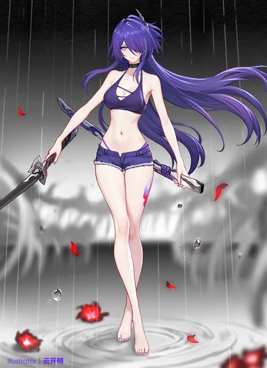 yunkaiming, honkai (series), honkai: star rail, acheron (honkai: star rail), 1girls, adult, adult female, ankles, bare arms, bare belly, bare calves, bare chest, bare hands, bare hips, bare knees, bare legs, bare midriff, bare navel, bare shoulders, bare skin, bare soles, bare thighs, bare toes, bare torso, barefoot, belly, belly button, bikini, bikini top, black choker, breasts, busty, busty female, busty girl, calves, choker, cleavage, collarbone, curvy, curvy body, curvy female, curvy figure, curvy hips, dark background, dot nose, earrings, exposed arms, exposed belly, exposed chest, exposed hands, exposed hips, exposed legs, exposed midriff, exposed navel, exposed shoulders, exposed skin, exposed thighs, exposed toes, exposed torso, fair skin, feet, female, female focus, female only, fingernails, fingers, full body, hair ornament, hair ornaments, hair over one eye, hourglass figure, jean shorts, knees, lean body, lean figure, legs, light skin, light skin female, light skinned, light skinned female, light-skined female, light-skinned, light-skinned female, lips, long hair, looking at viewer, mature, mature female, medium breasts, nail polish, nails, narrow waist, navel, pale, pale skin, pale skinned female, pale-skinned female, parted bangs, purple bikini, purple bikini top, purple eyebrows, purple eyes, purple eyes female, purple fingernails, purple hair, purple hair female, purple nail polish, purple nails, purple shorts, purple swimsuit, purple swimwear, purple toenail polish, purple toenails, rain, raining, shorts, shoulders, slender body, slender waist, slim girl, slim waist, smooth skin, solo, standing, swimsuit, swimwear, sword, thick thighs, thighs, thin waist, toenail polish, toenails, toes, weapon, white skin, white skinned female, white-skinned female, wide hips, grey background, high resolution, highres