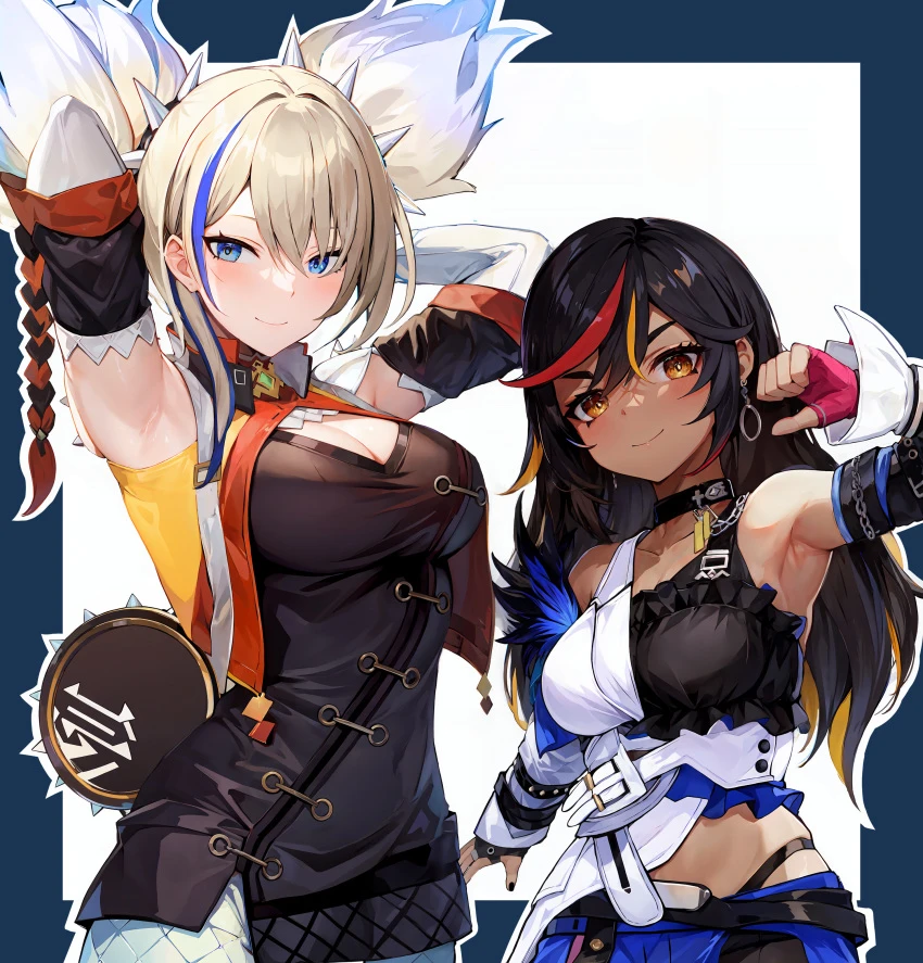 stable diffusion, xinyandegen, genshin impact, honkai: star rail, serval landau, xinyan (genshin impact), 2girls, arm up, armpits, arms behind head, arms up, bangs, bare shoulders, belt, black belt, black choker, black dress, black hair, blonde hair, blue eyes, blue hair, blue skirt, blush, braid, breasts, choker, cleavage, closed mouth, collar, costume switch, cowboy shot, dark skin, dark-skinned female, detached sleeves, earrings, fingerless gloves, frills, gloves, hair between eyes, hoop earrings, jewelry, large breasts, long hair, looking at viewer, medium breasts, multicolored hair, multiple girls, nail polish, red hair, shirt, short twintails, shorts, simple background, skirt, sleeveless, smile, spikes, standing, streaked hair, thick eyebrows, upper body, yellow eyes, ai generated, border