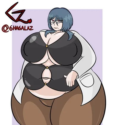 ghagalaz, honkai: star rail, natasha (honkai: star rail), bbw, big ass, big belly, big breasts, blue hair, breasts, chubby, clothed, doctor, fat, female, female only, huge ass, huge belly, huge breastas, huge breasts, lab coat, mole under mouth, obese, obese female, plump, red eyes, standing, wide hips