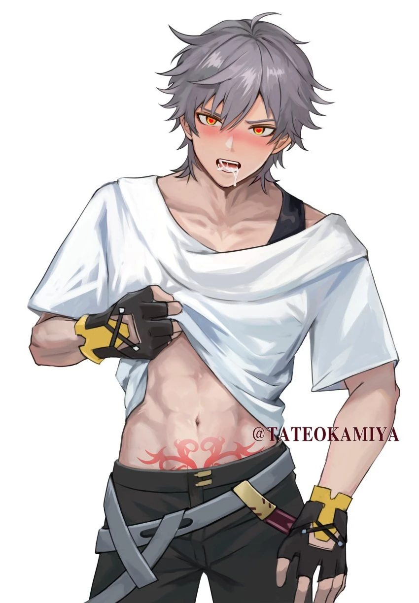 artist request, caelus (honkai: star rail), 1boy, blush, blushing, fingerless gloves, grey hair, heart-shaped pupils, hypnosis, lifting shirt, male only, muscular, muscular male, pubic tattoo, saliva, solo male, tateokamiya(artist), womb tattoo, artist name, artist signature